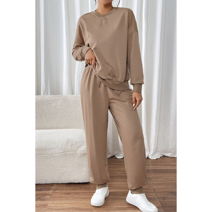 Perfee Round Neck Long Sleeve Top and Pants Set Camel / S Apparel and Accessories