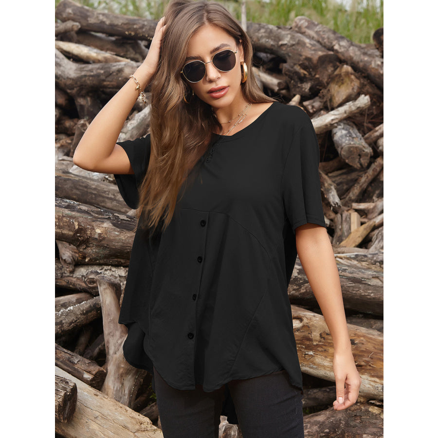 Perfee Round Neck Short Sleeve T-Shirt Black / One Size Apparel and Accessories