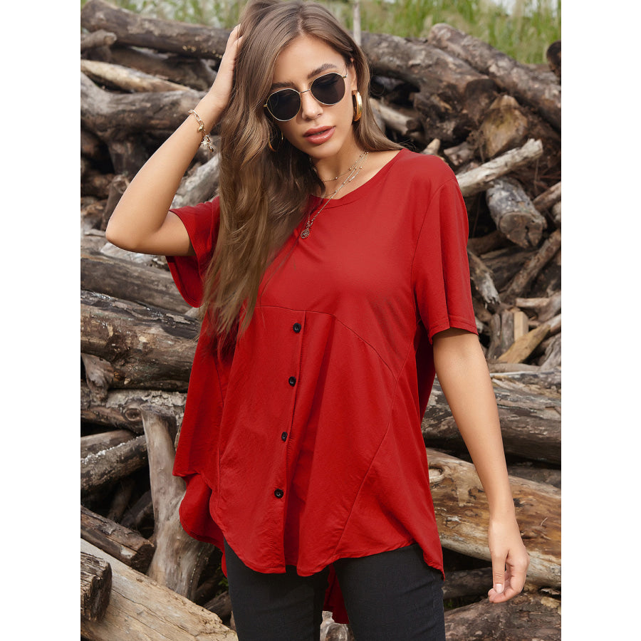 Perfee Round Neck Short Sleeve T-Shirt Scarlet / One Size Apparel and Accessories