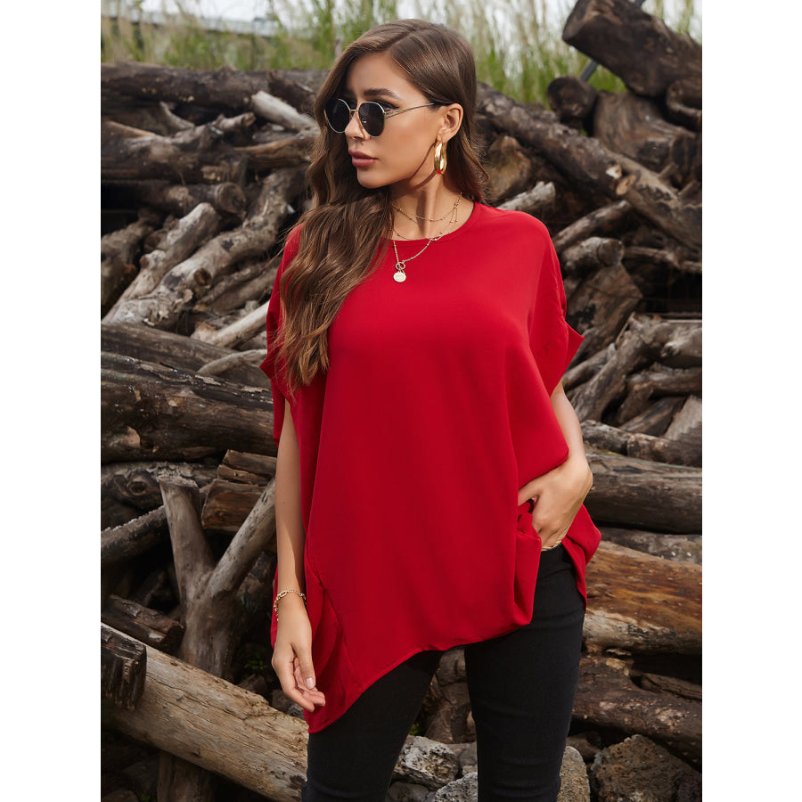 Perfee Round Neck Short Sleeve T-Shirt Scarlet / One Size Apparel and Accessories