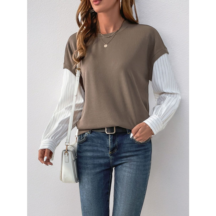 Perfee Round Neck Striped Sleeve Sweatshirt Apparel and Accessories