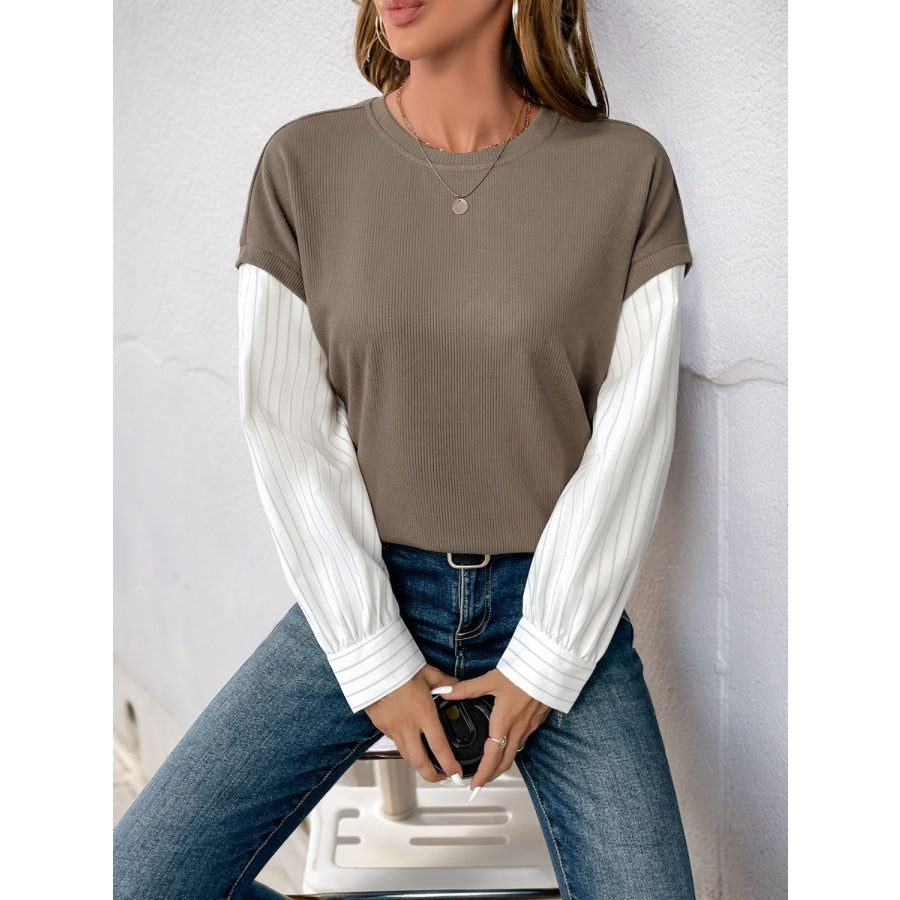 Perfee Round Neck Striped Sleeve Sweatshirt Apparel and Accessories