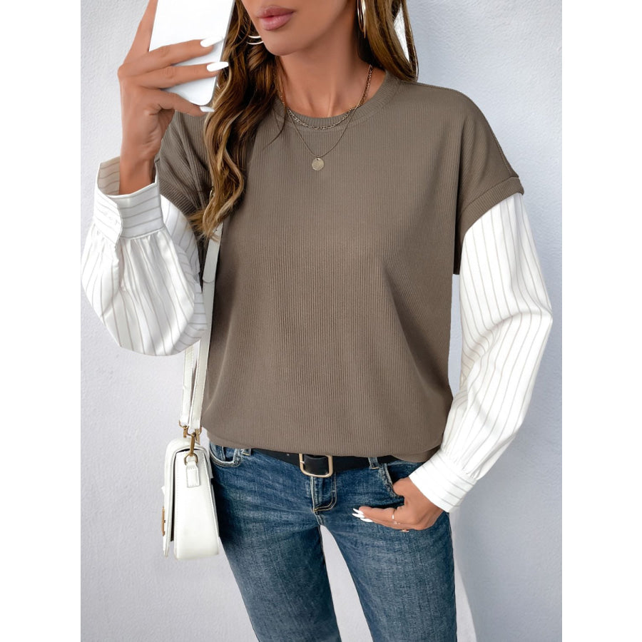 Perfee Round Neck Striped Sleeve Sweatshirt Apparel and Accessories