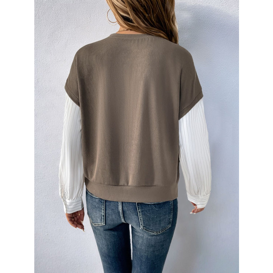 Perfee Round Neck Striped Sleeve Sweatshirt Mocha / S Apparel and Accessories