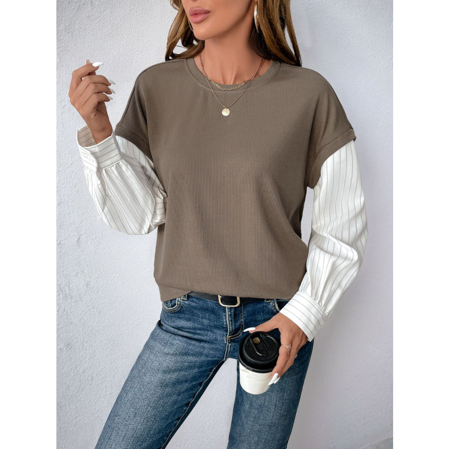 Perfee Round Neck Striped Sleeve Sweatshirt Apparel and Accessories