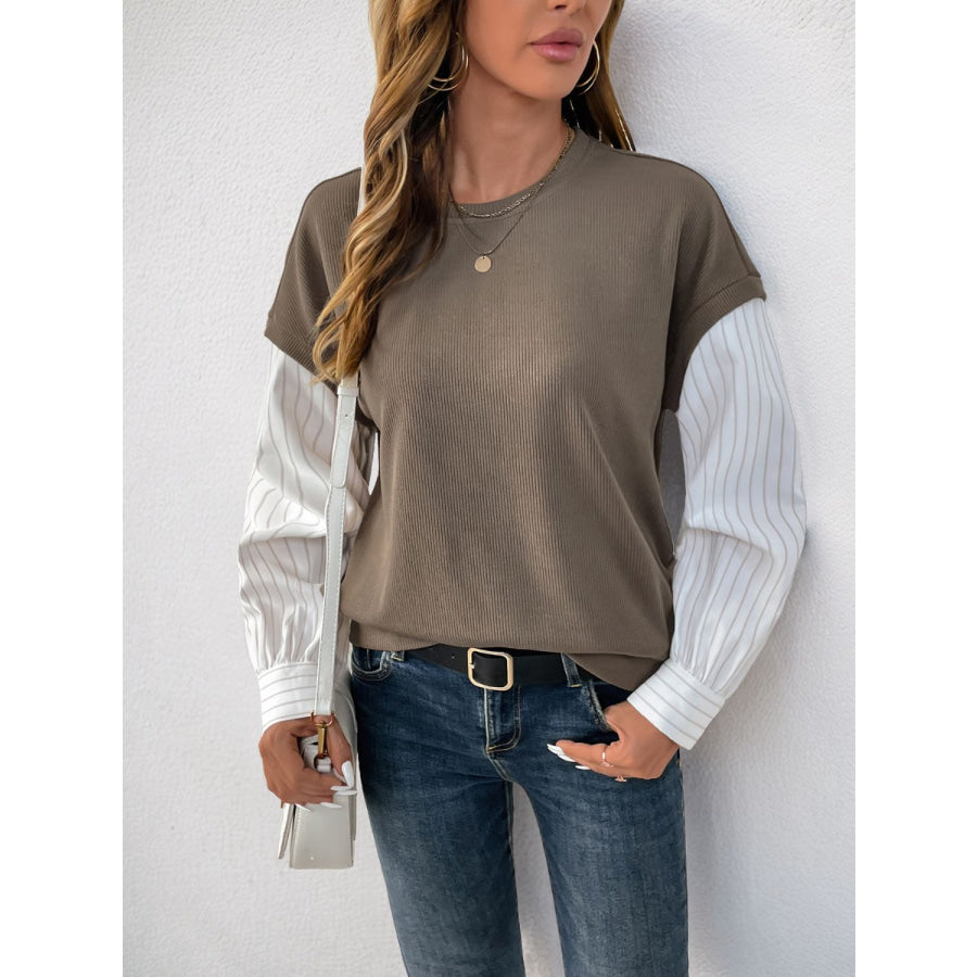 Perfee Round Neck Striped Sleeve Sweatshirt Mocha / S Apparel and Accessories