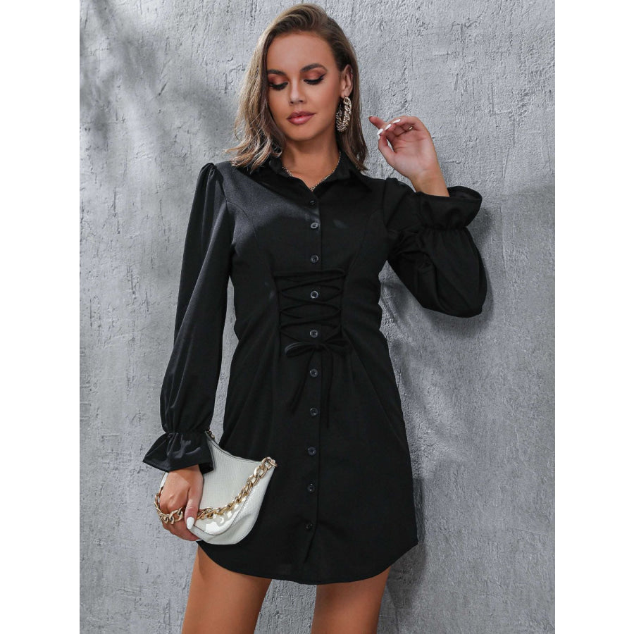 Perfee Ruched Button Up Long Sleeve Dress Black / S Apparel and Accessories