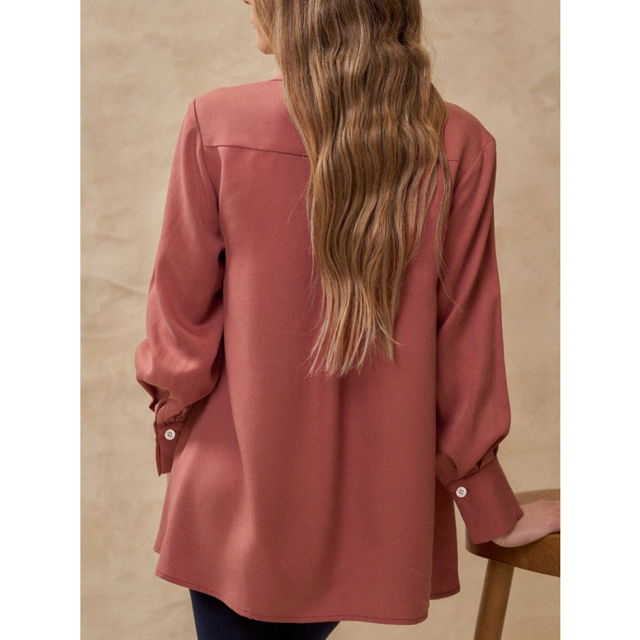 Perfee Ruched Collared Neck Long Sleeve Shirt Dusty Pink / S Apparel and Accessories