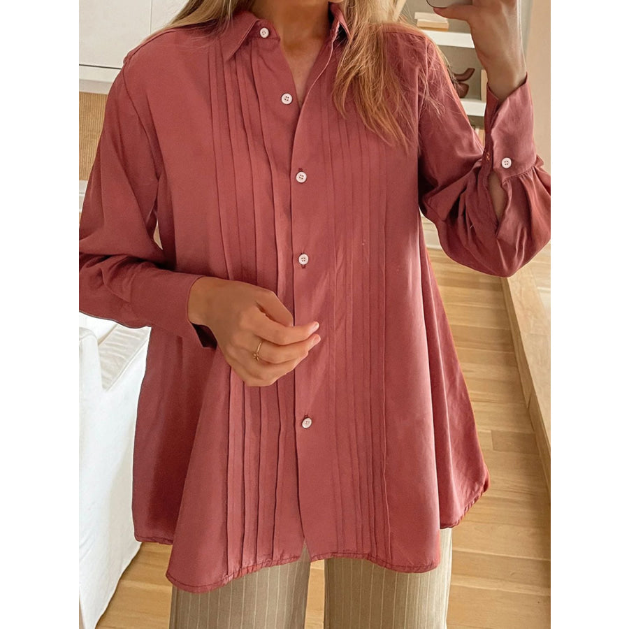 Perfee Ruched Collared Neck Long Sleeve Shirt Dusty Pink / S Apparel and Accessories