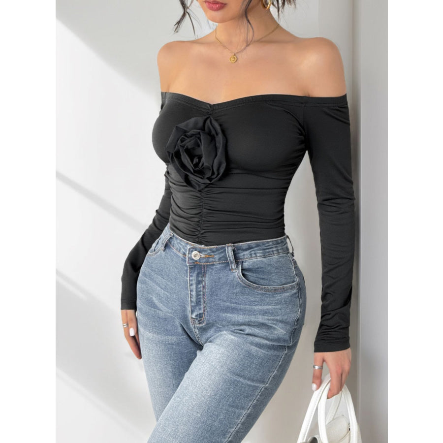 Perfee Ruched Flower Off-Shoulder Long Sleeve Bodysuit Apparel and Accessories