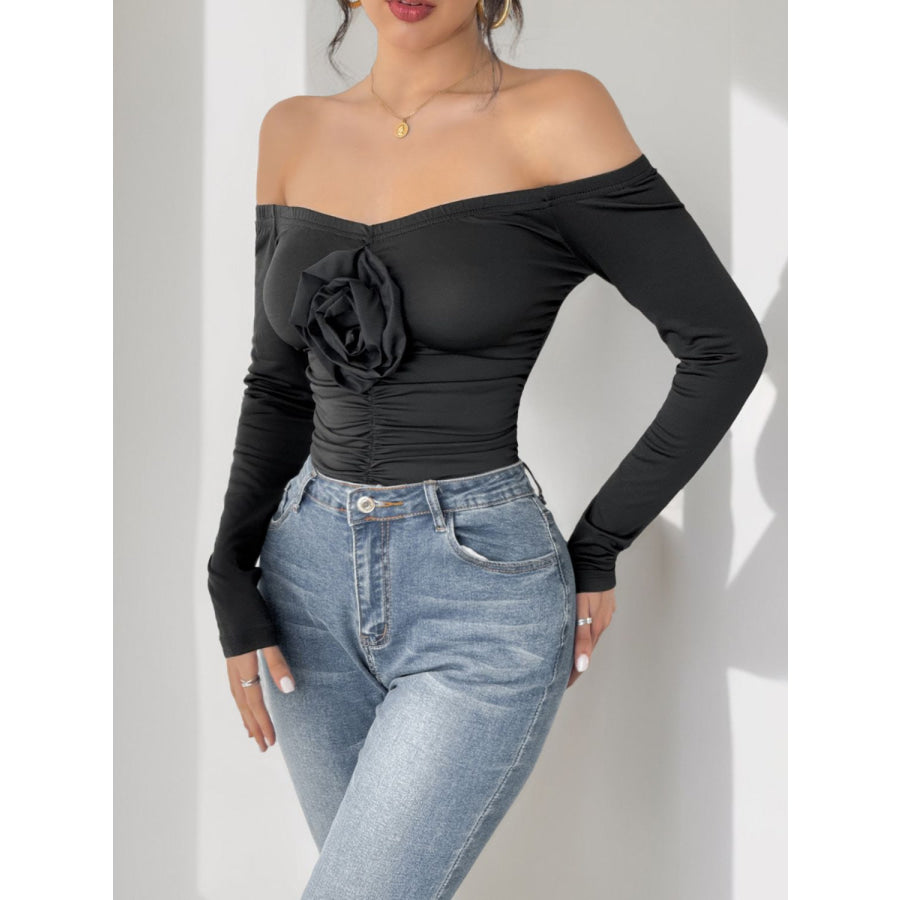 Perfee Ruched Flower Off-Shoulder Long Sleeve Bodysuit Apparel and Accessories