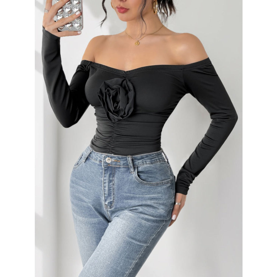 Perfee Ruched Flower Off-Shoulder Long Sleeve Bodysuit Apparel and Accessories