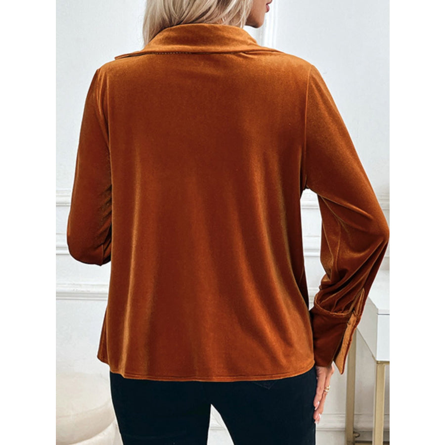 Perfee Ruched Long Sleeve Blouse Terracotta / S Apparel and Accessories