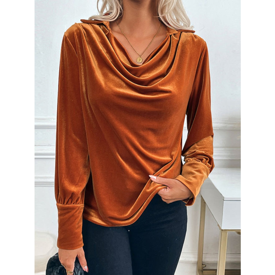 Perfee Ruched Long Sleeve Blouse Terracotta / S Apparel and Accessories