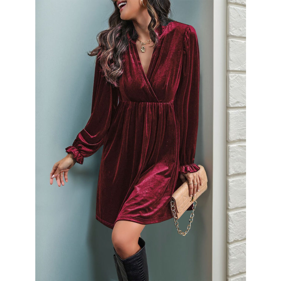 Perfee Ruched Surplice Long Sleeve Mini Dress Apparel and Accessories