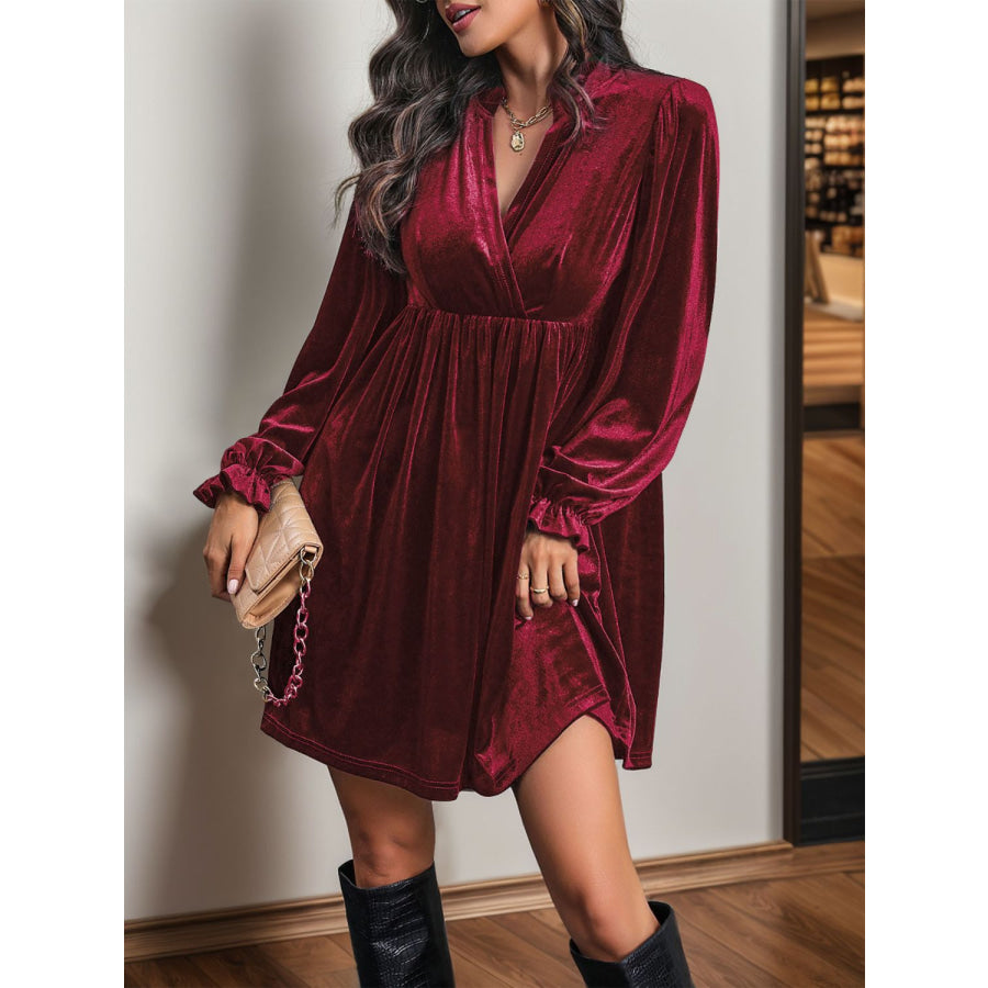 Perfee Ruched Surplice Long Sleeve Mini Dress Apparel and Accessories