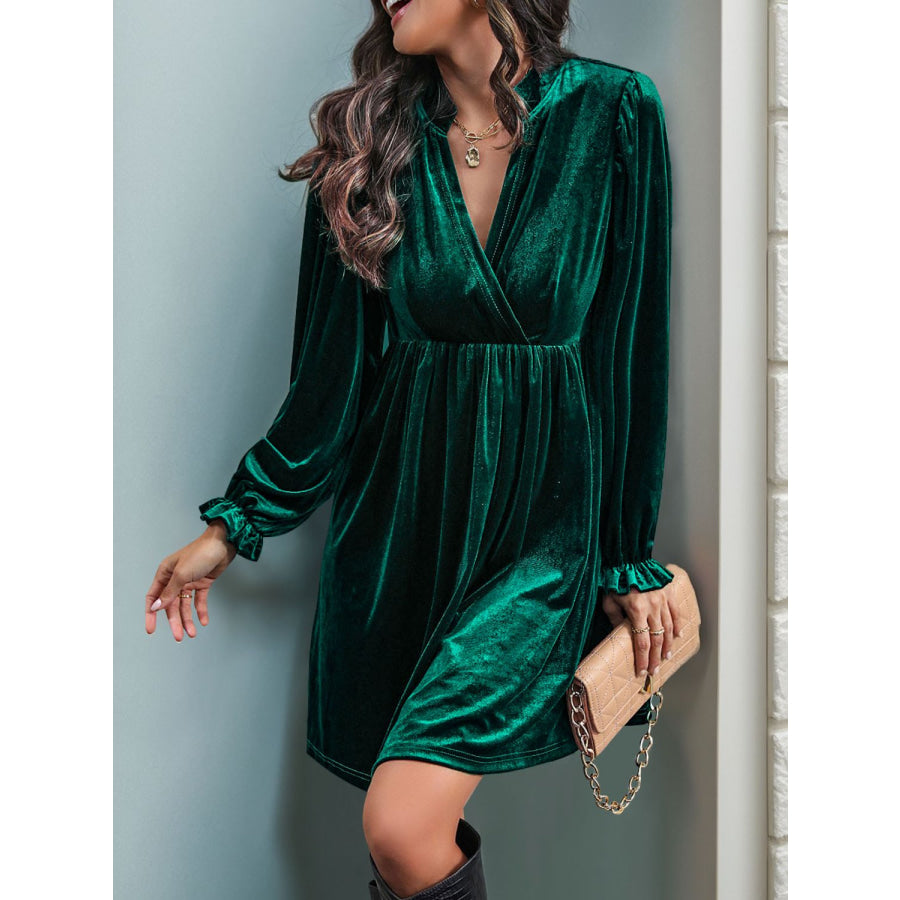 Perfee Ruched Surplice Long Sleeve Mini Dress Apparel and Accessories