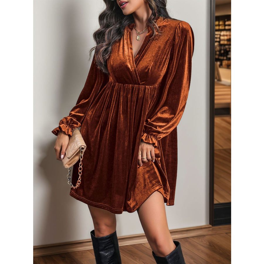 Perfee Ruched Surplice Long Sleeve Mini Dress Apparel and Accessories