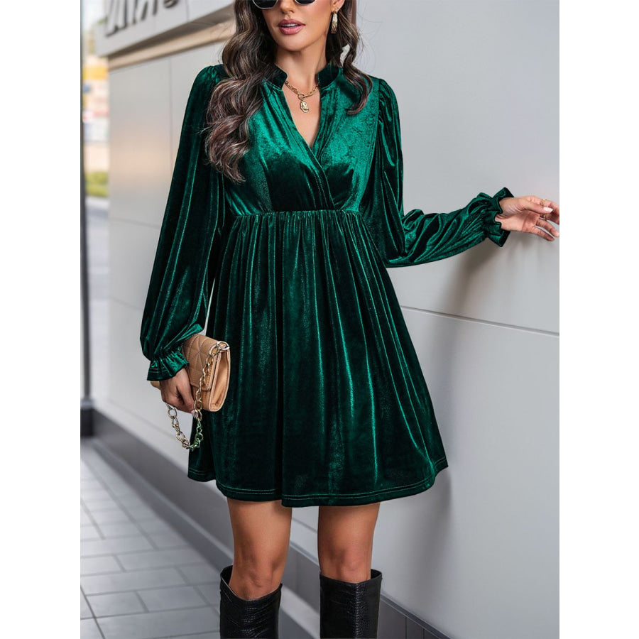 Perfee Ruched Surplice Long Sleeve Mini Dress Dark Green / S Apparel and Accessories