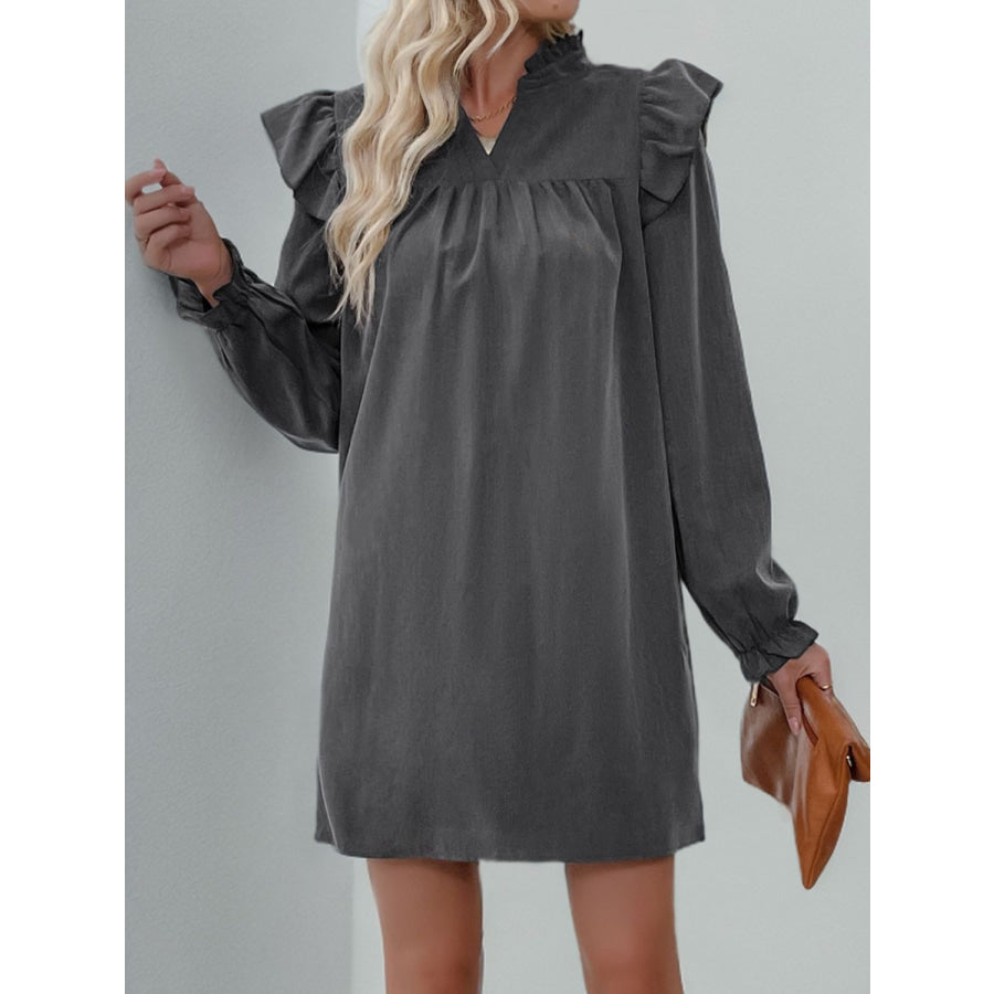 Perfee Ruffled Notched Long Sleeve Mini Dress Apparel and Accessories