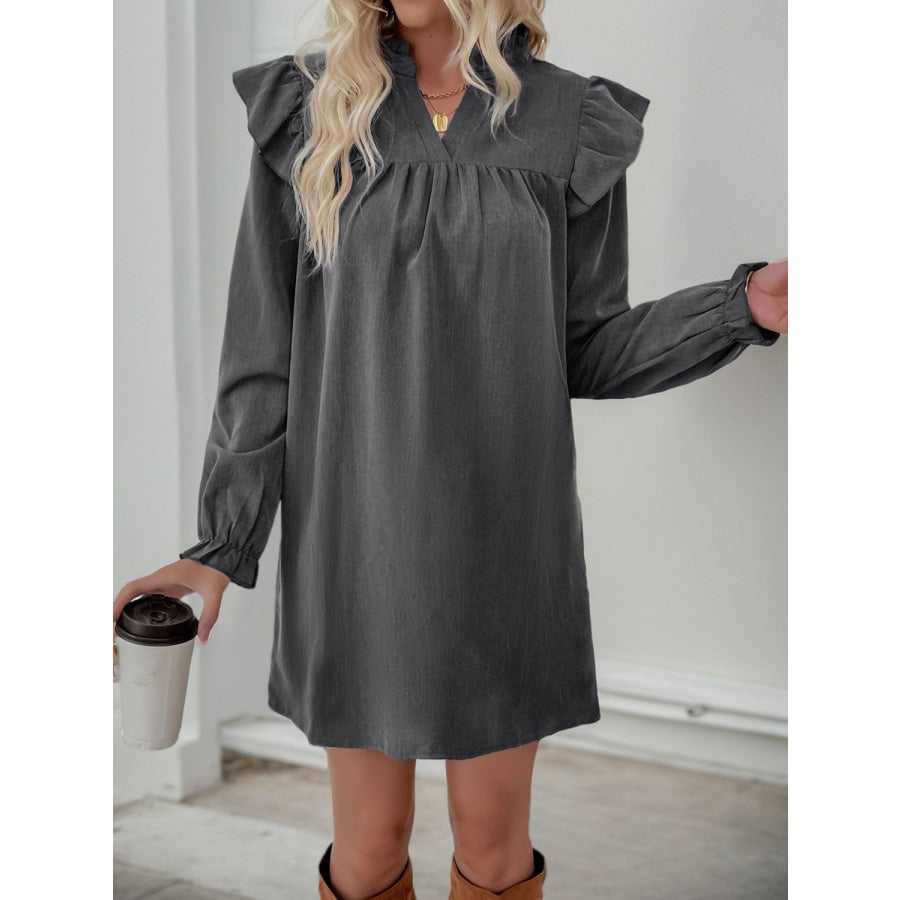 Perfee Ruffled Notched Long Sleeve Mini Dress Apparel and Accessories