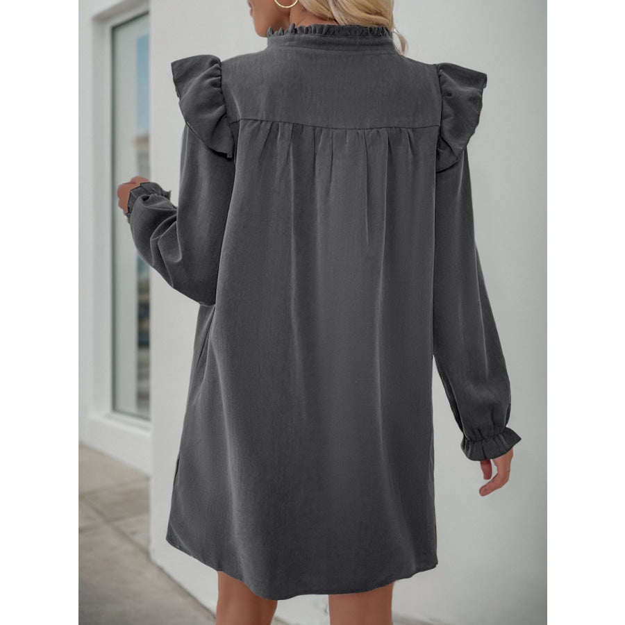 Perfee Ruffled Notched Long Sleeve Mini Dress Dark Gray / S Apparel and Accessories