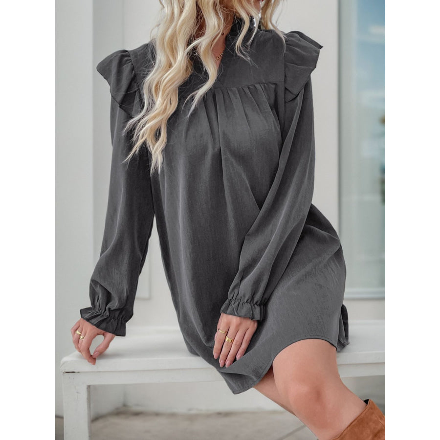 Perfee Ruffled Notched Long Sleeve Mini Dress Apparel and Accessories