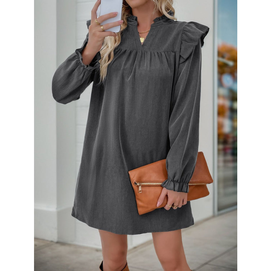 Perfee Ruffled Notched Long Sleeve Mini Dress Dark Gray / S Apparel and Accessories