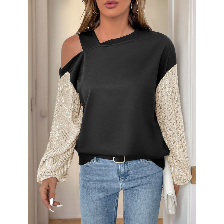 Perfee Sequin Asymmetrical Neck Long Sleeve Sweatshirt Apparel and Accessories