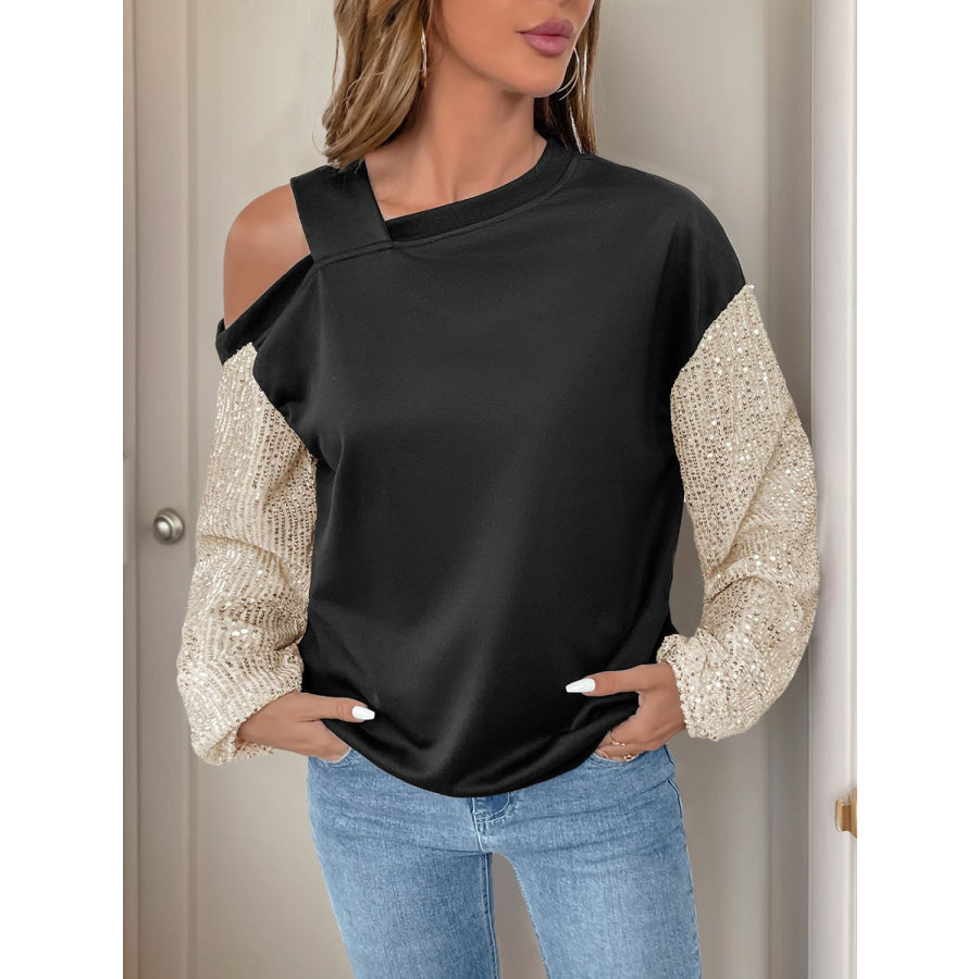 Perfee Sequin Asymmetrical Neck Long Sleeve Sweatshirt Apparel and Accessories