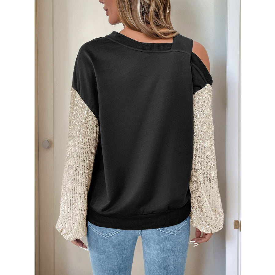 Perfee Sequin Asymmetrical Neck Long Sleeve Sweatshirt Apparel and Accessories