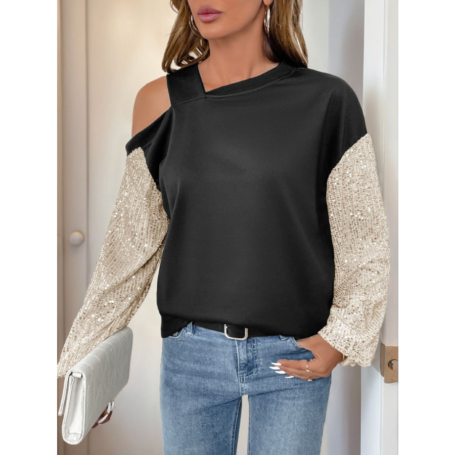 Perfee Sequin Asymmetrical Neck Long Sleeve Sweatshirt Black / S Apparel and Accessories