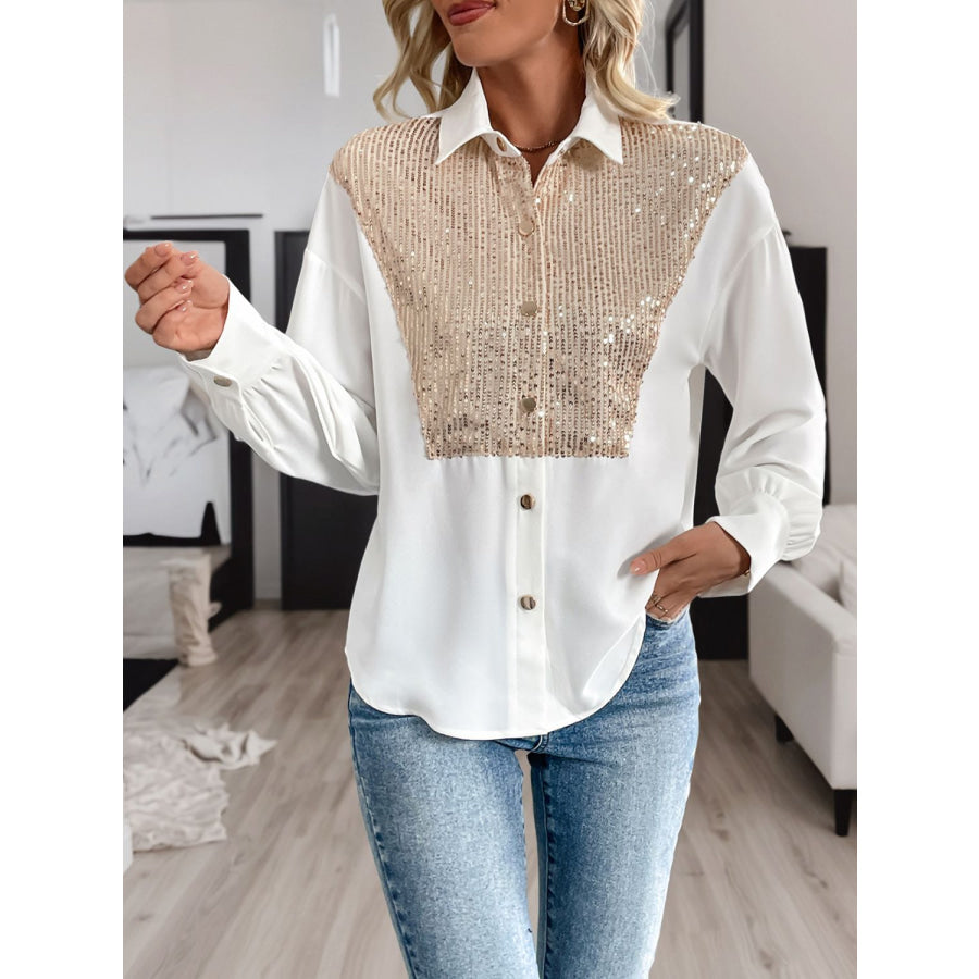 Perfee Sequin Contrast Collared Neck Long Sleeve Shirt Apparel and Accessories