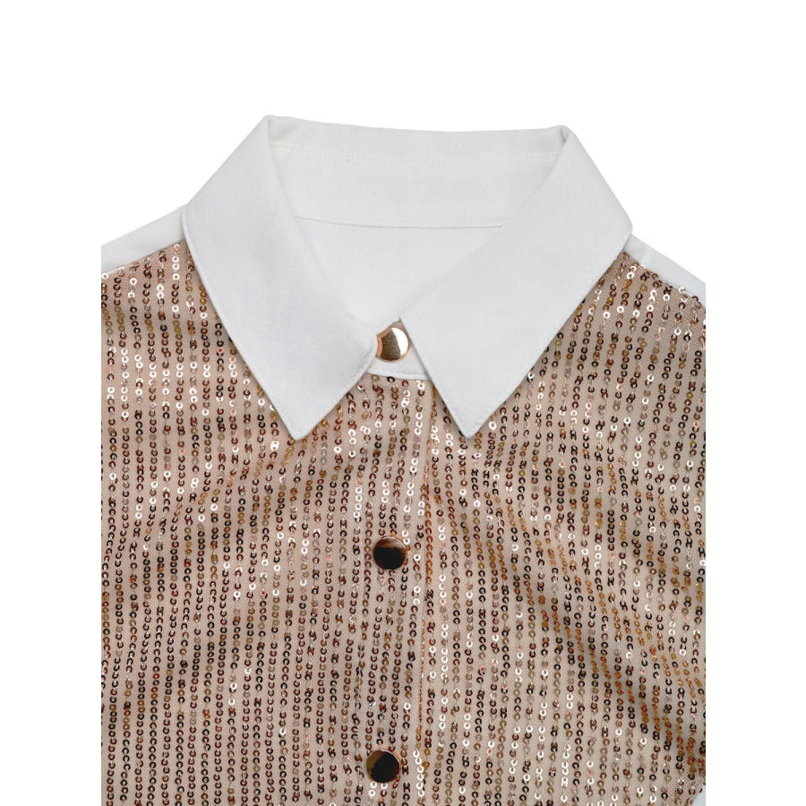 Perfee Sequin Contrast Collared Neck Long Sleeve Shirt Apparel and Accessories