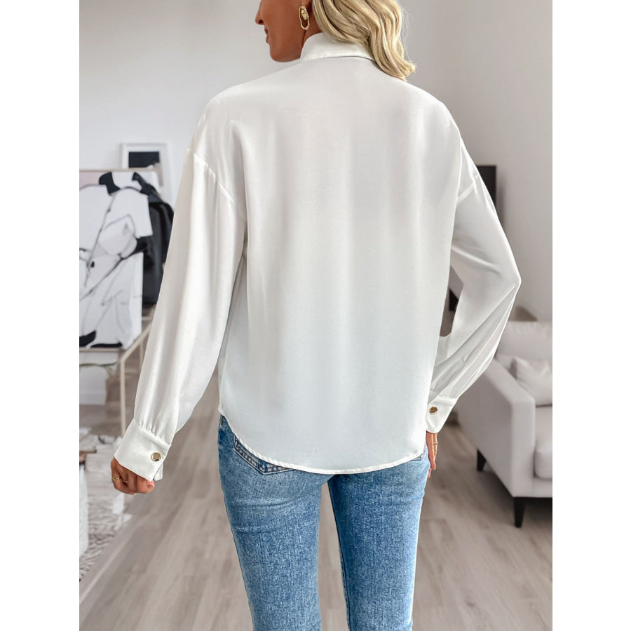 Perfee Sequin Contrast Collared Neck Long Sleeve Shirt White / S Apparel and Accessories