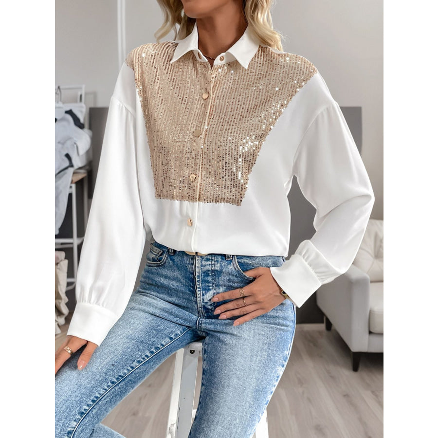 Perfee Sequin Contrast Collared Neck Long Sleeve Shirt Apparel and Accessories