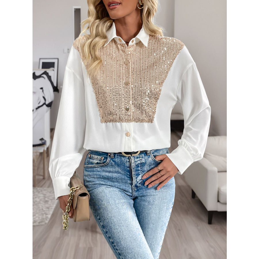 Perfee Sequin Contrast Collared Neck Long Sleeve Shirt Apparel and Accessories