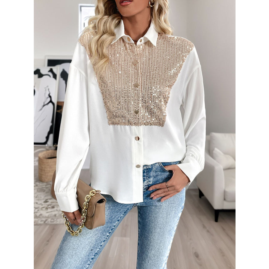 Perfee Sequin Contrast Collared Neck Long Sleeve Shirt White / S Apparel and Accessories