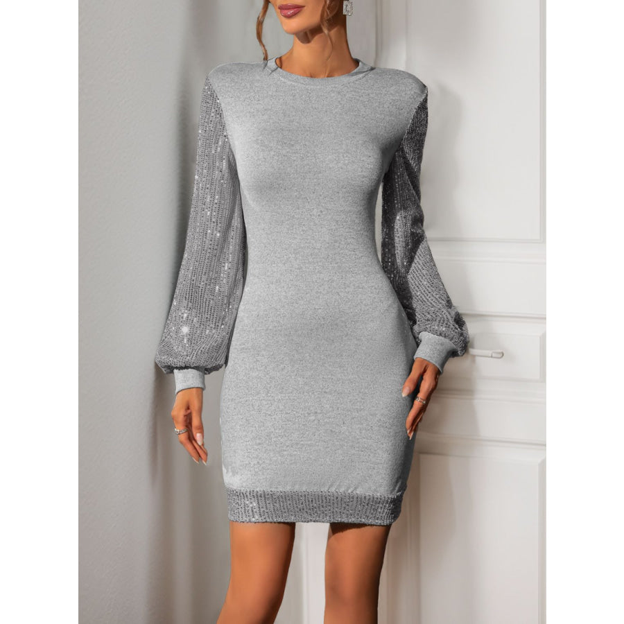 Perfee Sequin Round Neck Long Sleeve Mini Dress Gray / S Apparel and Accessories