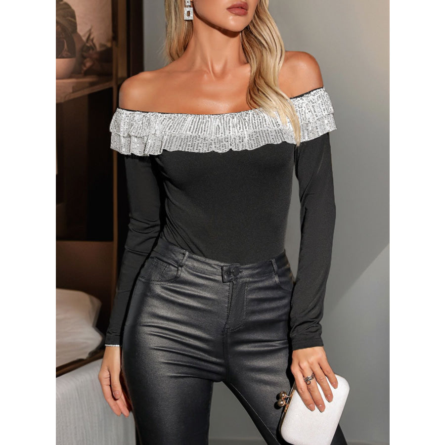 Perfee Sequin Ruffled Off-Shoulder Long Sleeve Bodysuit Apparel and Accessories