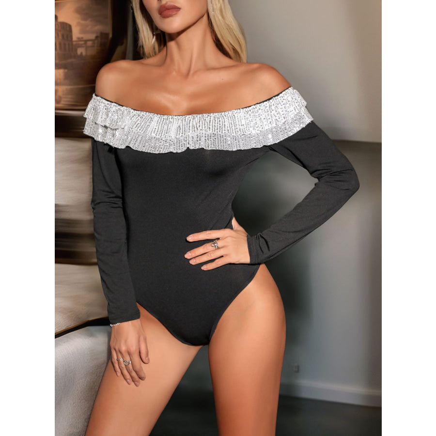 Perfee Sequin Ruffled Off-Shoulder Long Sleeve Bodysuit Apparel and Accessories