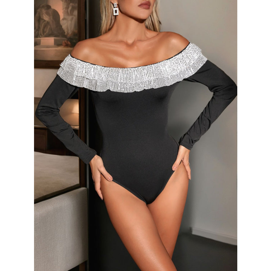 Perfee Sequin Ruffled Off-Shoulder Long Sleeve Bodysuit Apparel and Accessories