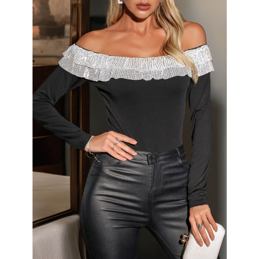 Perfee Sequin Ruffled Off-Shoulder Long Sleeve Bodysuit Apparel and Accessories