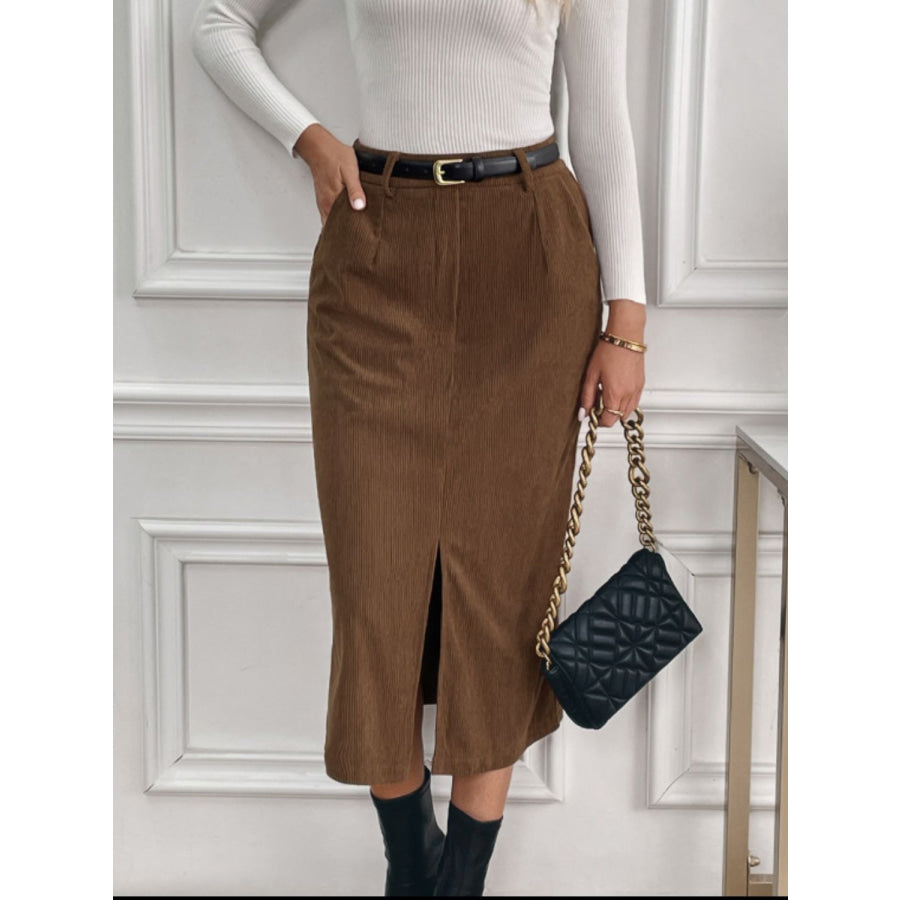 Perfee Slit Midi Skirt with Pockets Apparel and Accessories