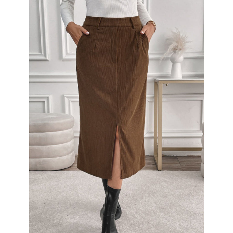 Perfee Slit Midi Skirt with Pockets Apparel and Accessories