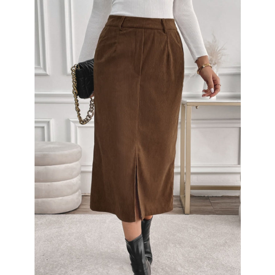 Perfee Slit Midi Skirt with Pockets Brown / S Apparel and Accessories