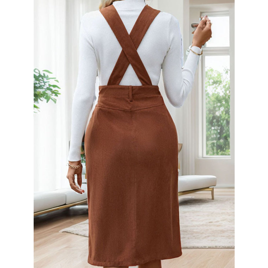 Perfee Slit Overall Dress with Pockets Brown / S Apparel and Accessories