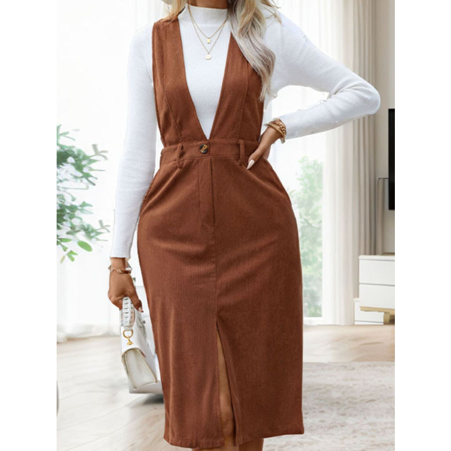 Perfee Slit Overall Dress with Pockets Apparel and Accessories