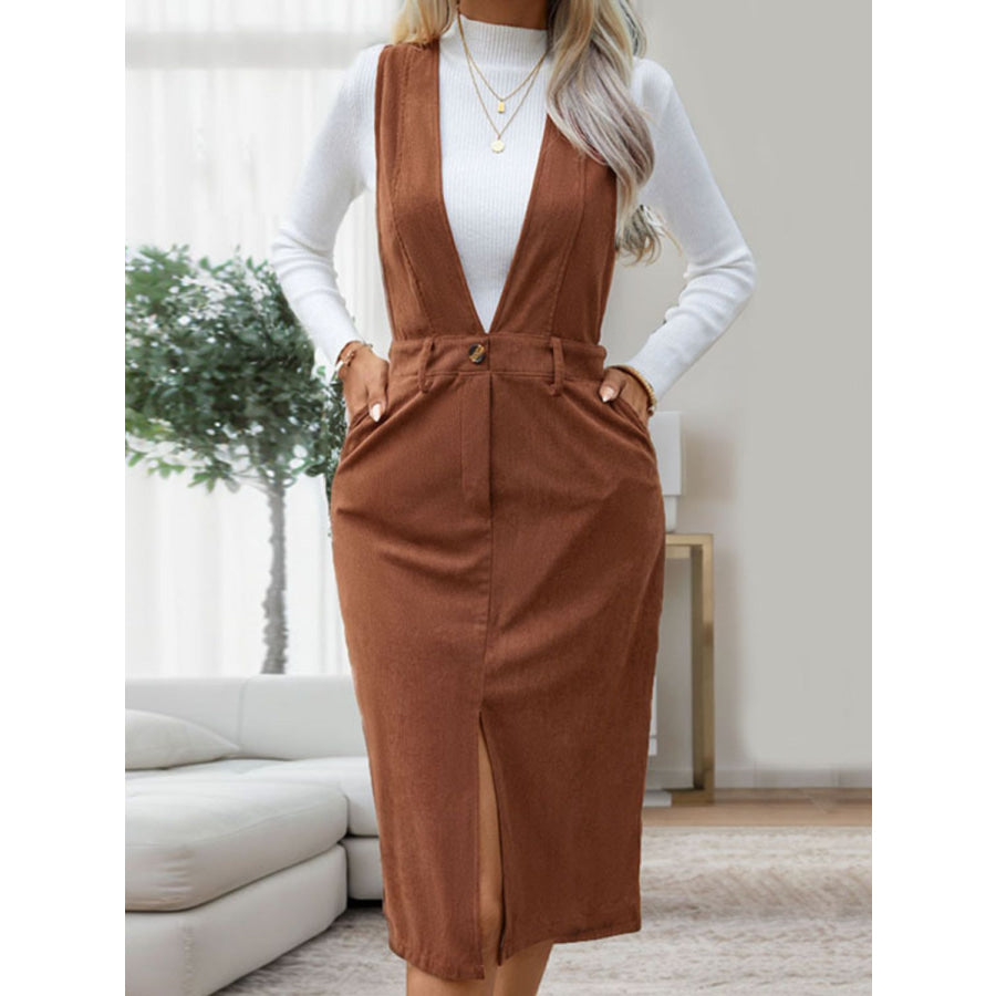 Perfee Slit Overall Dress with Pockets Apparel and Accessories