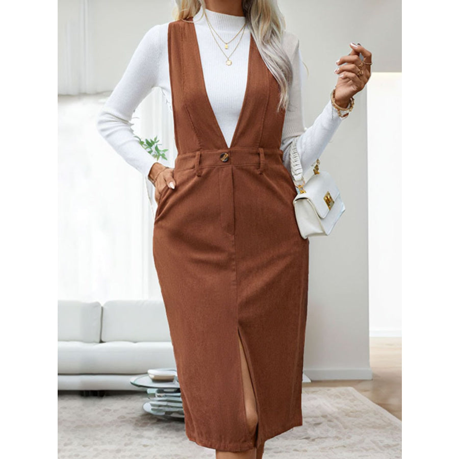 Perfee Slit Overall Dress with Pockets Brown / S Apparel and Accessories